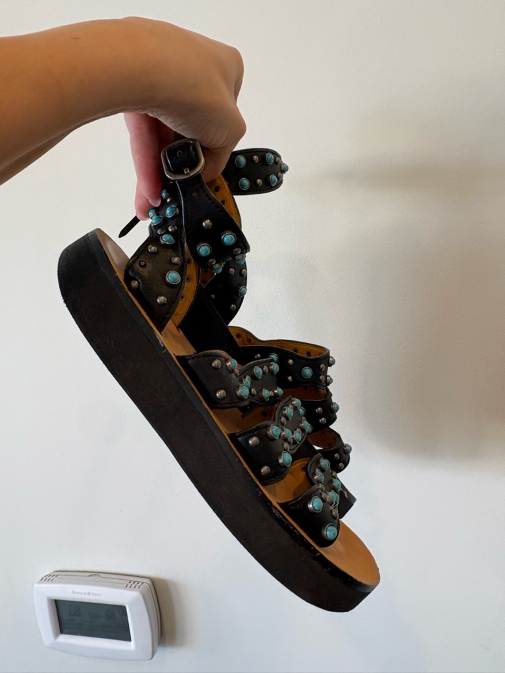 Sandro brown Leather Studded Ankle-Strap Sandals with Turquoise Accents eu 37 - Picture 2 of 6